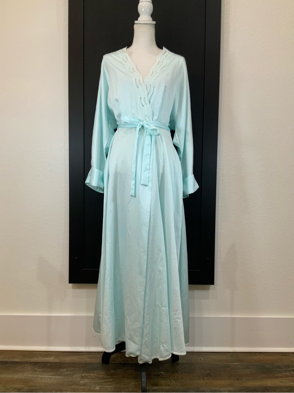 Vintage 70s Miss Dior Christian Dior Satin Maxi Robe Lace Mint Aqua Blue Size L